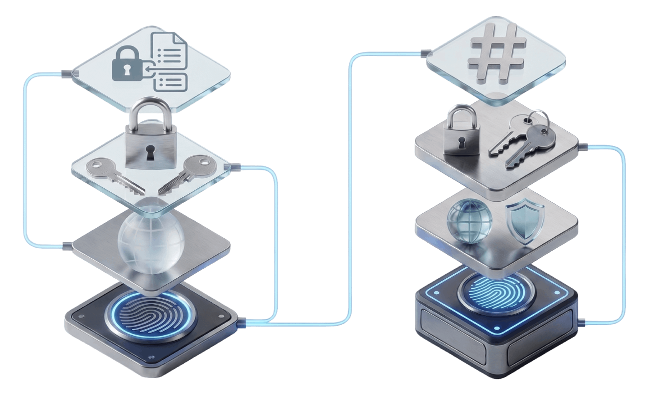 Two fingerprint-secured devices connected to layered icons representing protected documents, passwords, keys, and network access