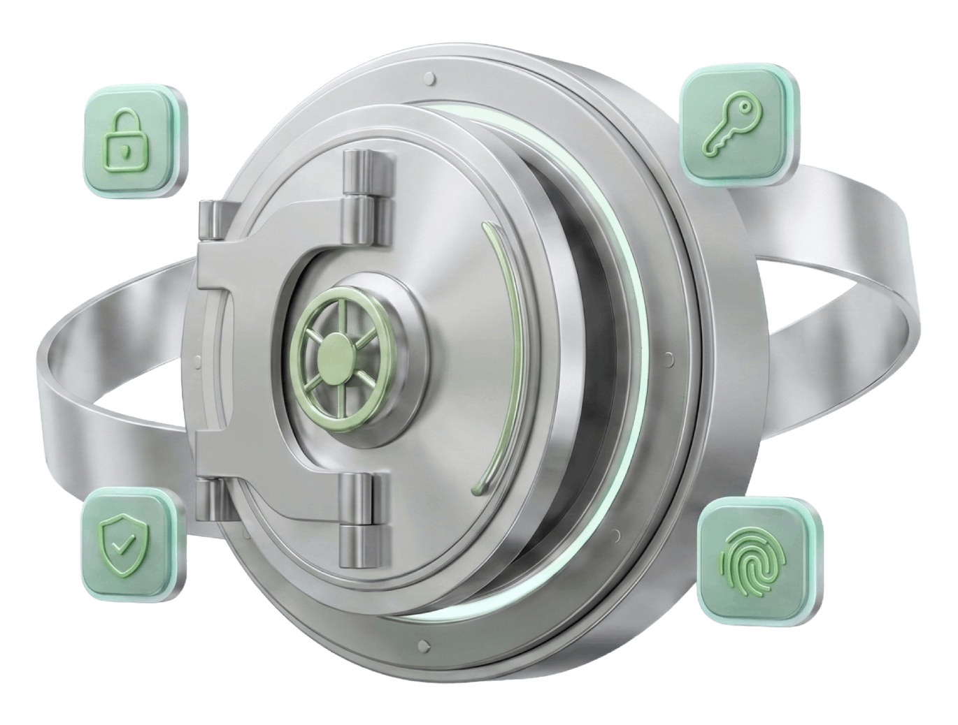 Fingerprint-secured vault device connected to lock, shield, key, wallet, card, and network icons