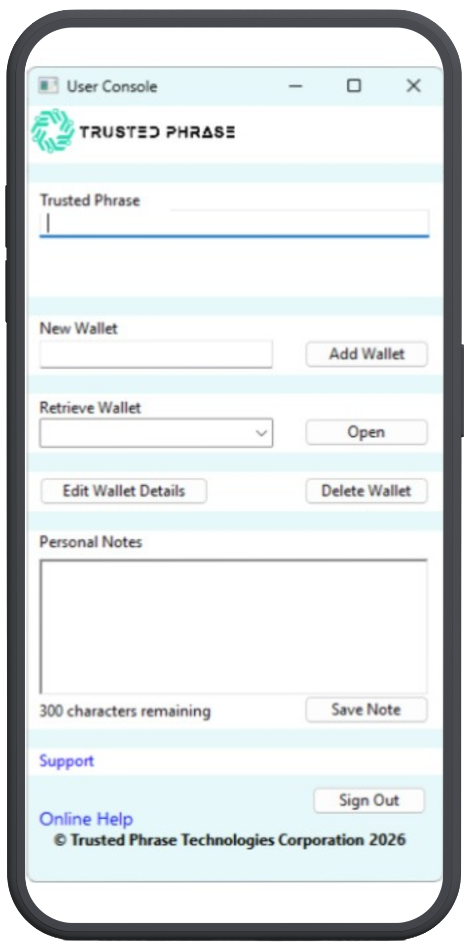 Trusted Phrase user console screen shown on a phone mockup