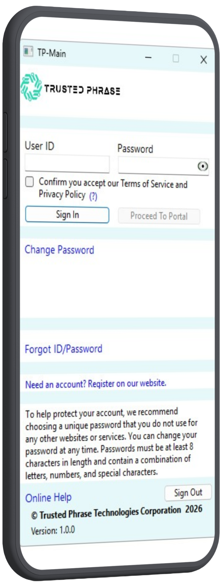 Trusted Phrase sign-in screen shown on a phone mockup