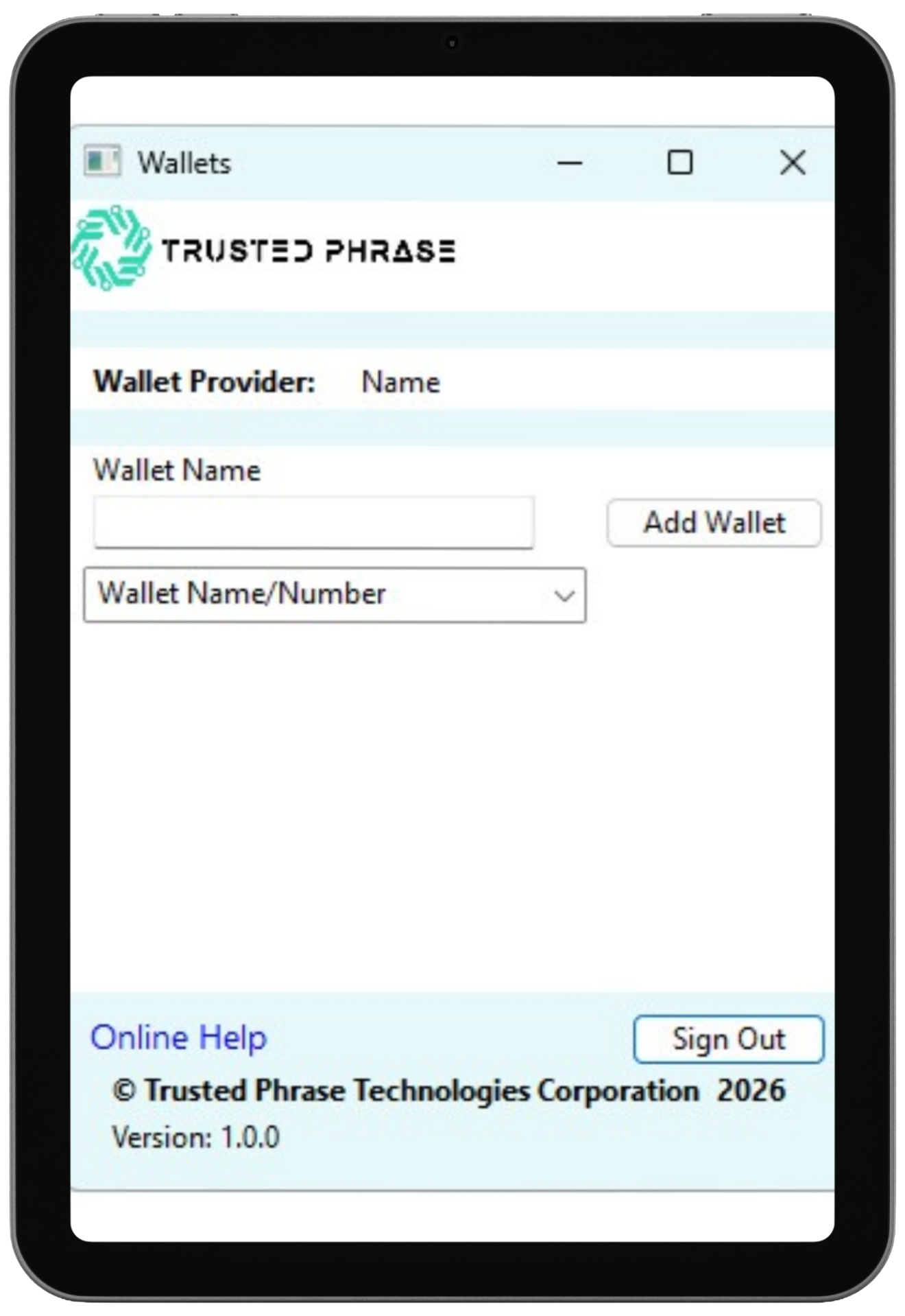 Trusted Phrase wallets screen shown on a tablet mockup