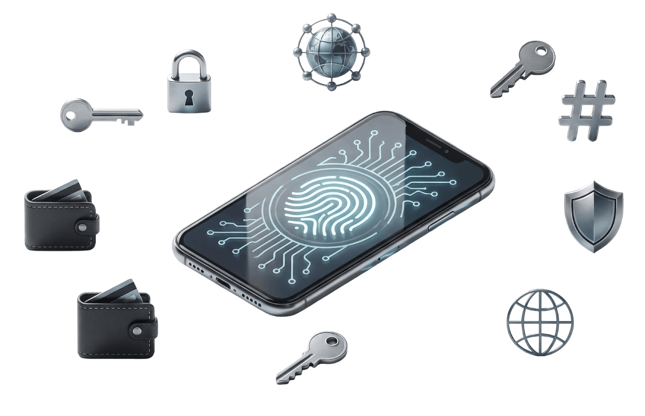 Smartphone with a fingerprint scan connected to lock, key, wallet, shield, and network icons